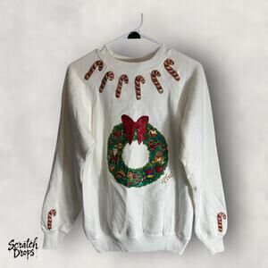 Hanes Her Way Vintage 1992 Women's Large Christmas Sweater Wreath Candy Canes